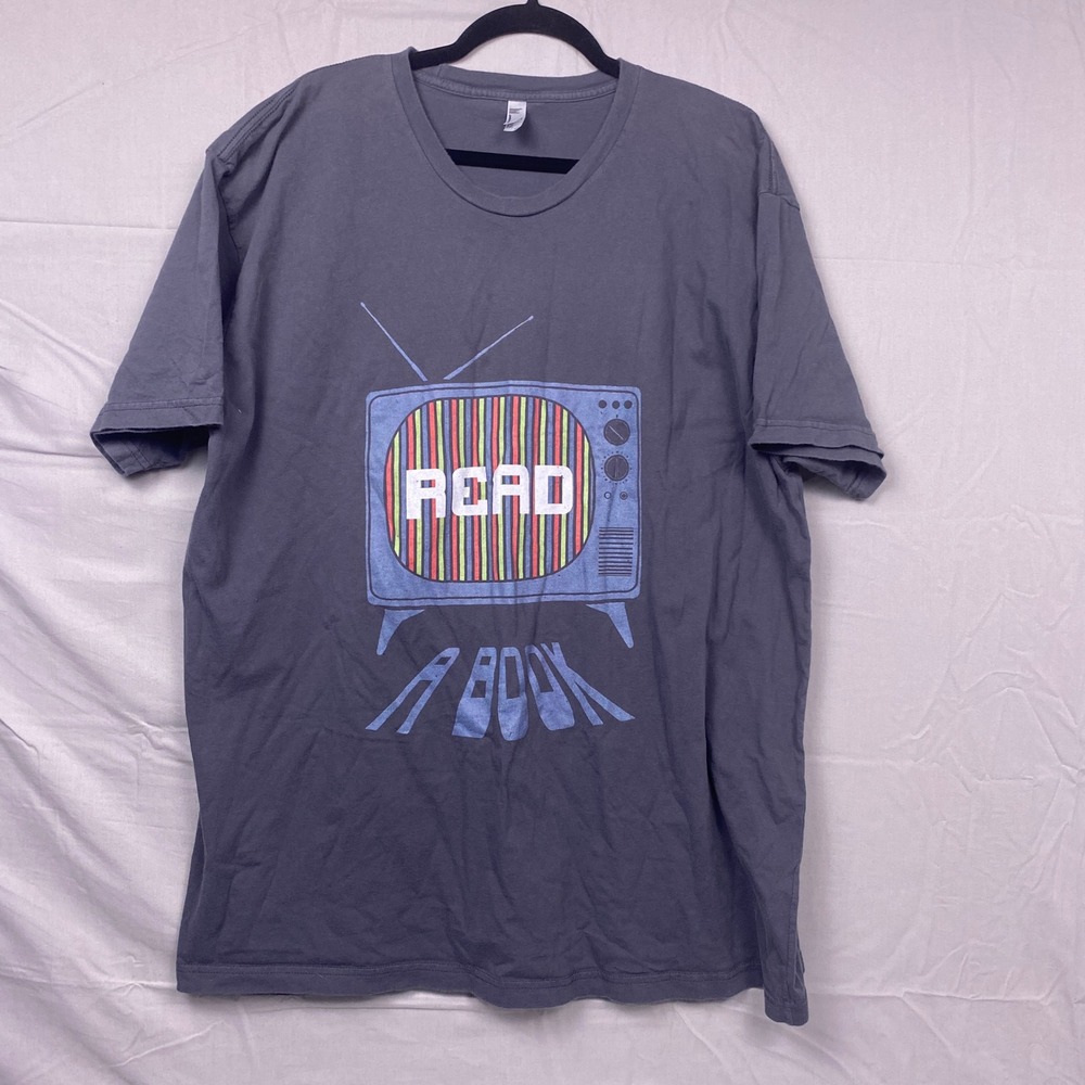 American Apparel Read A Book Graphic T-Shirt Men 3XL Gray Cotton Retro TV Casual